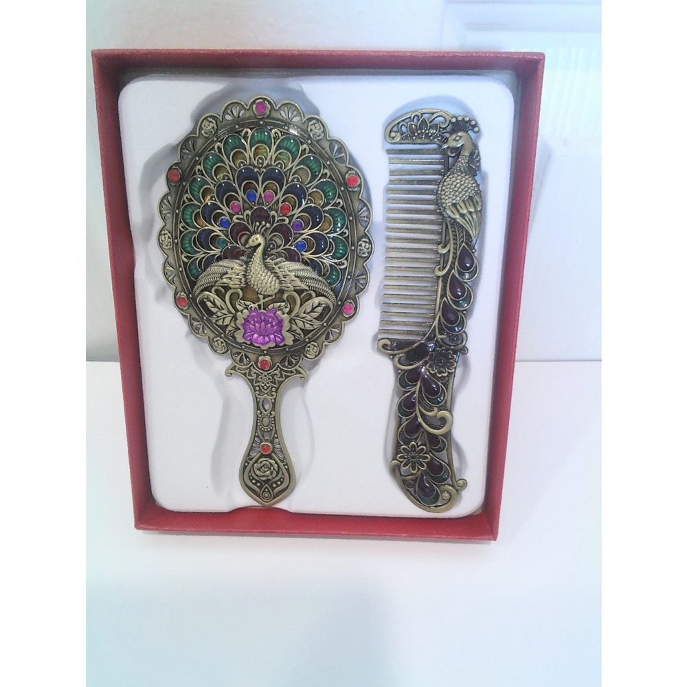 Vintage Peacock Shaped Mirror And Hair Brush Set Style N